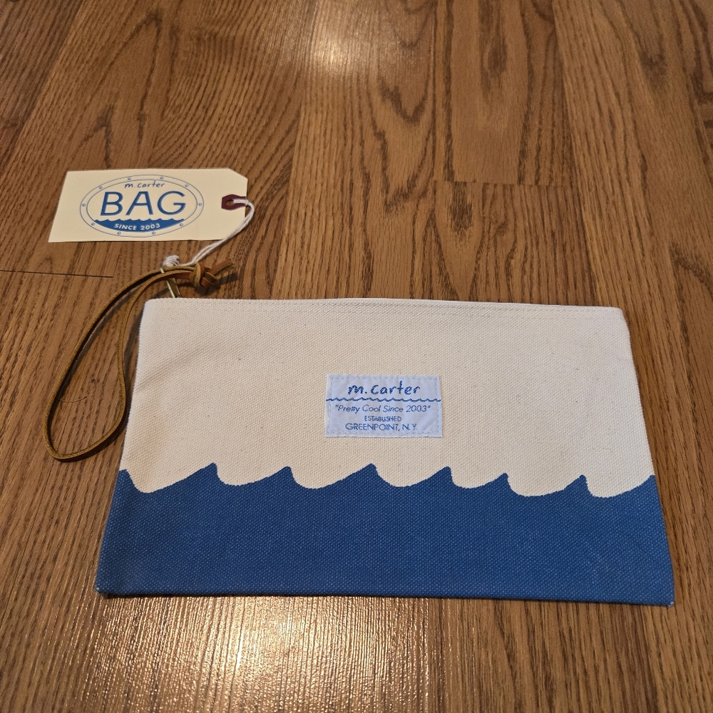 M. Carter Blue and Cream Wave Canvas Clutch Waves Wristlet Classic Zip Pouch NEW - Picture 1 of 8